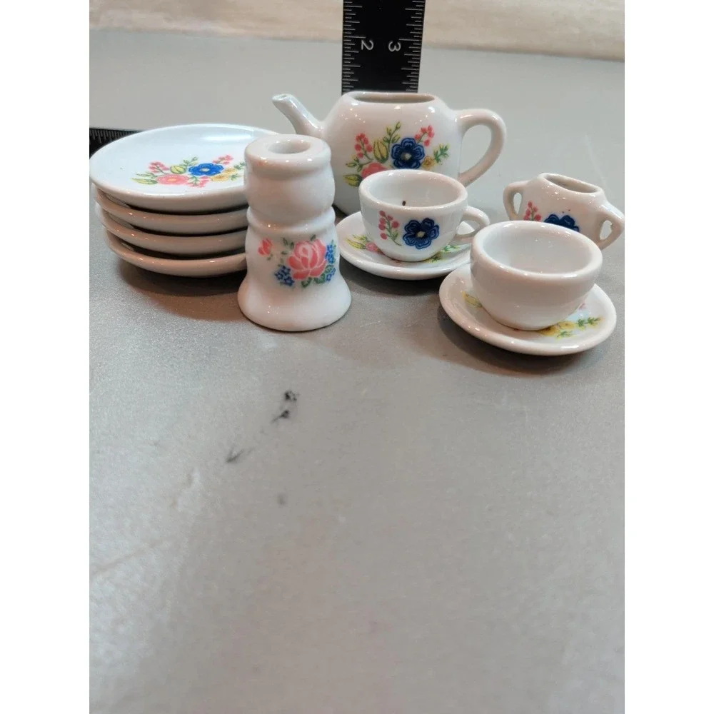 Vintage Miniature Porcelain Tea Set 13pc Floral Strombecker Keywick Dollhouse